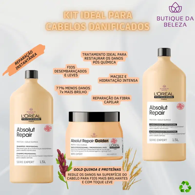 A imagem mostra uma linha de produtos para cabelos danificados da marca L'Oréal Professionnel, chamada Absolut Repair. Inclui um shampoo em um frasco bege de 1,5 litros, uma máscara capilar em um pote bege e um condicionador de 1,5 litros.
