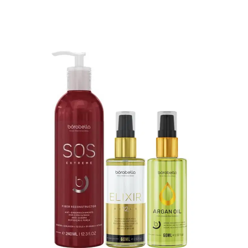 Kit com máscara de reconstrução SOS Extreme, óleo capilar Elixir e reparador de pontas, da marca Borabella.