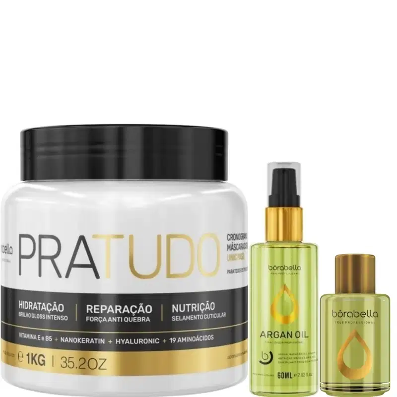 Kit com máscara capilar Pra Tudo e reparadores de pontas Argan, da marca Borabella.