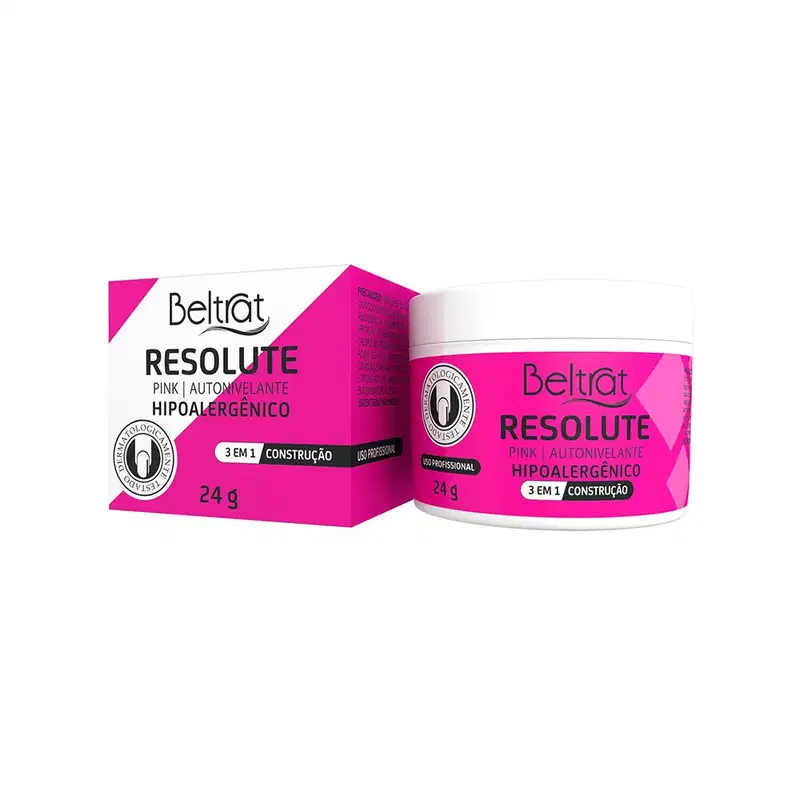 Caixa e pote de produto de beleza da marca Beltrat, com a embalagem na cor rosa e o nome "Resolute" destacado. O produto é descrito como um tratamento hipoalergênico 3 em 1.
