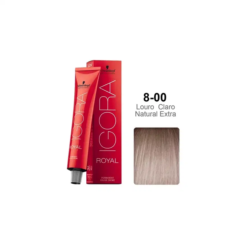 Coloração de cabelo da marca Schwarzkopf Professional, na cor vermelha, com o nome "Igora Royal" impresso em preto. O produto é descrito como uma tintura de cabelo permanente.