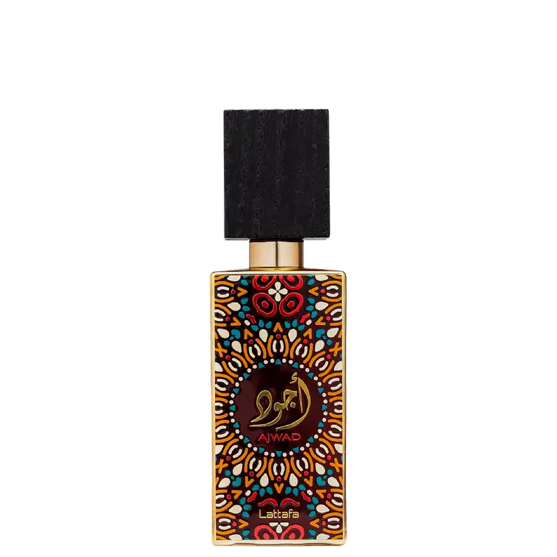 Frasco de perfume Lattafa Ajwad, com design colorido e geométrico em tons de laranja, vermelho e azul, com rótulo em árabe e dourado. Embalagem preta e dourada, com tampa quadrada.