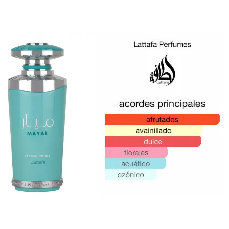 Imagem de um item de perfumaria da marca Lattafa Perfumes, com o nome "Mayar" e os principais acordes olfativos listados: afrutados, avainillado, dulce, florales, acuático, ozónico.