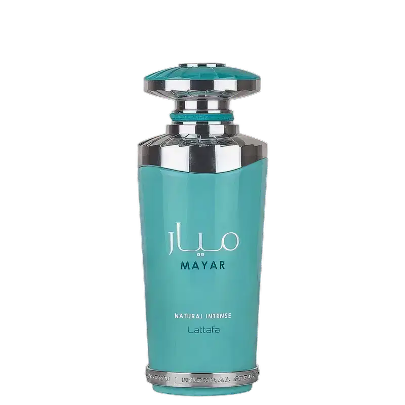 Frasco de perfume Lattafa Mayar, com design moderno e elegante em tons de azul-turquesa. O rótulo exibe o nome da marca em letras brancas. O frasco possui uma tampa decorativa com detalhes em prata, conferindo um visual sofisticado ao produto.