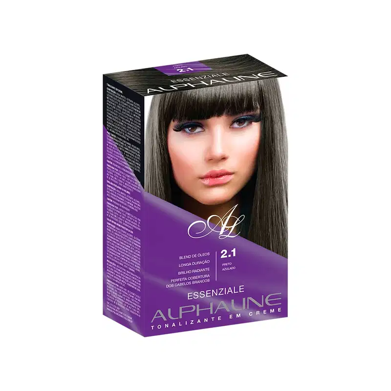 Caixa de tinta para cabelo Essenziale Alphaline, tonalizante em creme. A embalagem é uma caixa retangular de cor roxa escura com detalhes em branco. Há uma imagem de uma modelo com cabelos pretos. O texto na caixa indica que é o tom 2.1 Preto Azulado