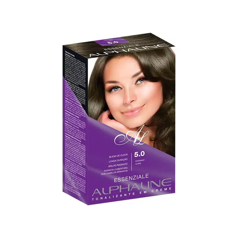 Caixa de tinta para cabelo Essenziale Alphaline, tonalizante em creme. A embalagem é uma caixa retangular de cor roxa escura com detalhes em branco. Há a imagem de uma modelo com cabelos castanhos. O texto na caixa indica que é o tom 5.0 Castanho Claro