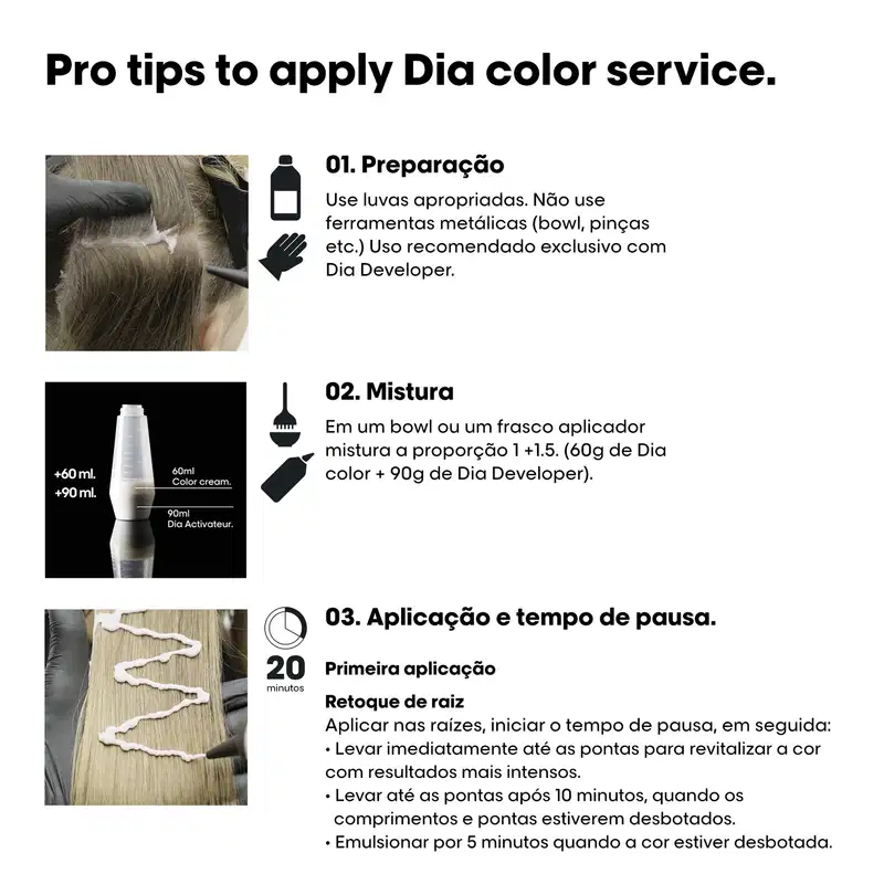 Esta imagem apresenta instruções e produtos para aplicação de serviço de coloração de cabelo Dia da L'Oréal Professionnel. Mostra uma foto de cabelo sendo aplicado com tinta.