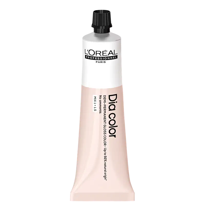 Produto de coloração capilar da linha L'Oréal Professionnel Dia Color. Embalagem em tubo plástico branco com detalhes em preto. Rótulo frontal exibe o logotipo L'Oréal Professionnel e o nome do produto "Dia Color" em letras pretas.