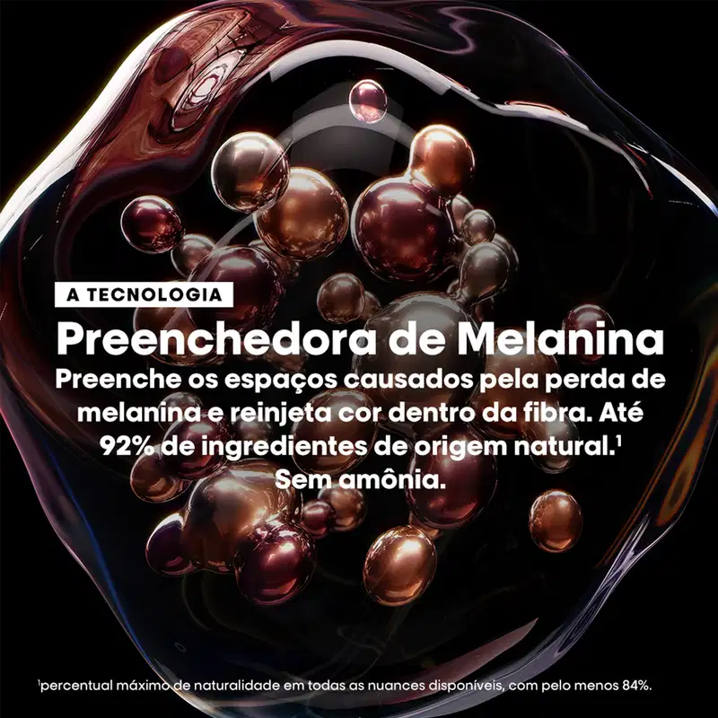 A imagem mostra um produto de coloração capilar da linha L'Oréal Professionnel. É uma tecnologia chamada "Preenchedora de Melanina" que, de acordo com o texto, preenche os espaços causados pela perda de melanina e reinjeta cor dentro da fibra capilar.