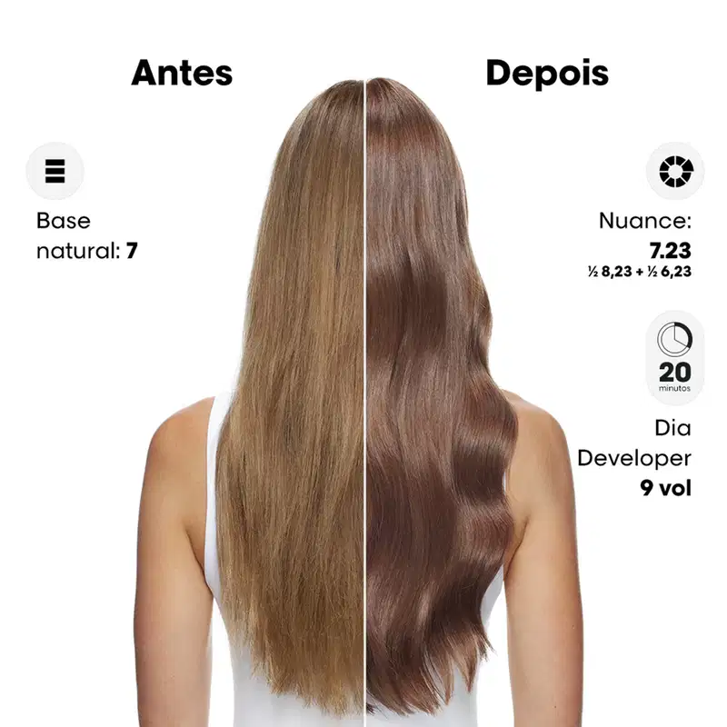 A imagem mostra os resultados de um tratamento capilar da linha L'Oréal Professionnel. Está dividida em duas partes: "Antes" e "Depois", mostrando os resultados obtidos a partir do uso do produto Dia Color.