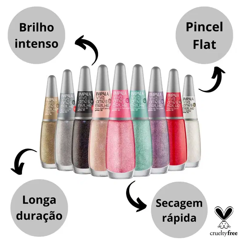 Kit Esmalte Glitter 3D Impala Viva, Ame e Brilhe Com 9 7,5ml