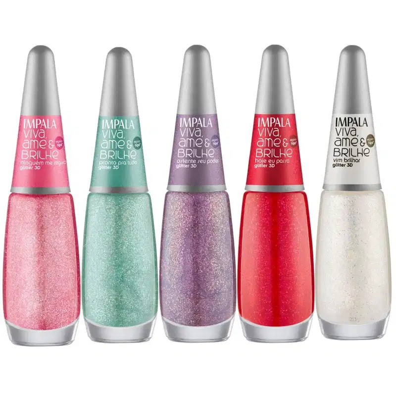 Kit Esmalte Glitter 3D Impala Viva, Ame e Brilhe Com 9 7,5ml
