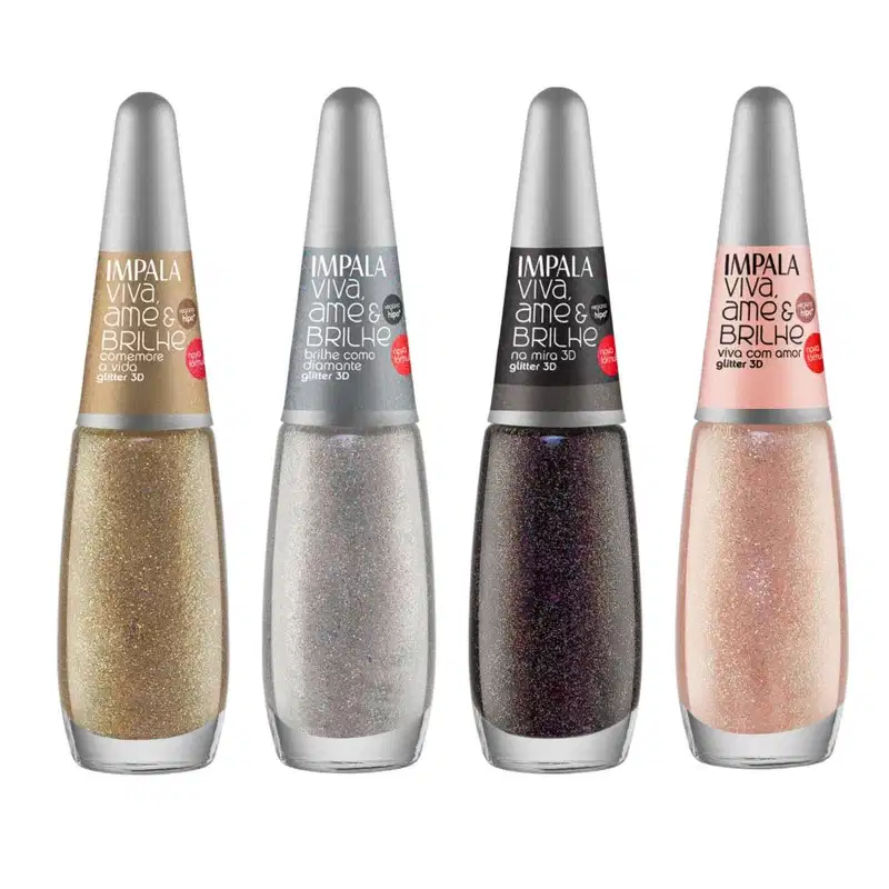 Kit Esmalte Glitter 3D Impala Viva, Ame e Brilhe Com 9 7,5ml