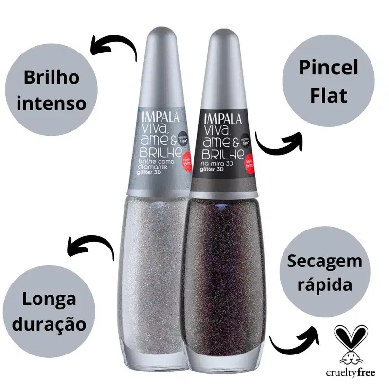 Kit Esmalte Glitter 3D Impala Viva, Ame e Brilhe Com 2 7,5ml