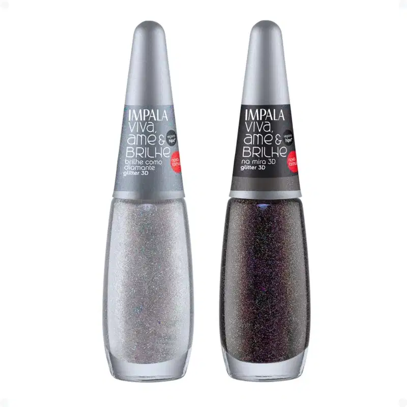 Kit Esmalte Glitter 3D Impala Viva, Ame e Brilhe Com 2 7,5ml