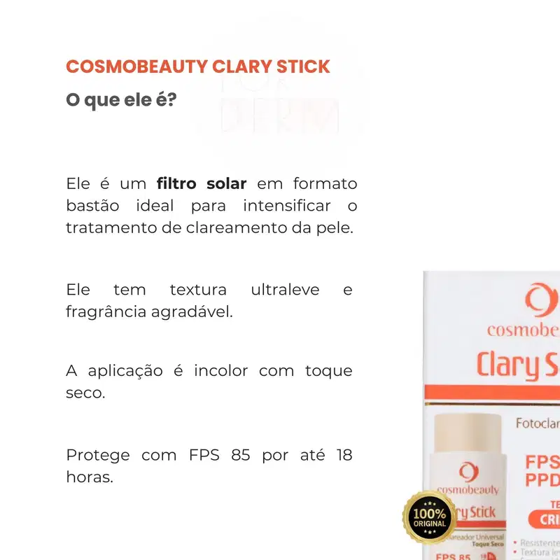 Cosmobeauty Clary Stick Toque Seco Clareador FPS 85 - Protetor Solar 18g