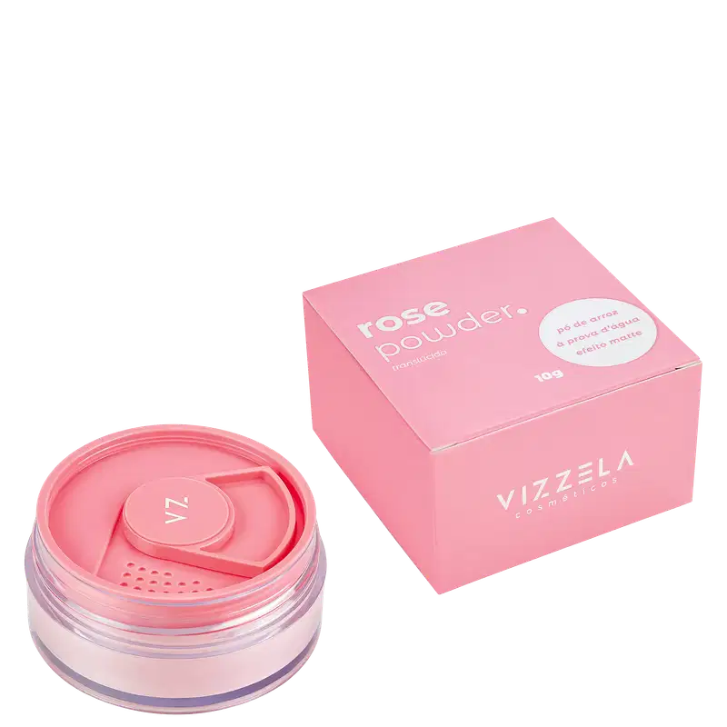 Pó Solto Facial Rosa da marca Vizzela. Imagem junto da caixa do produto.