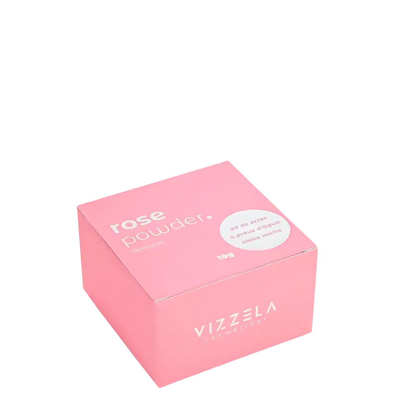 Pó Solto Facial Rosa da marca Vizzela. Imagem da caixa do produto.