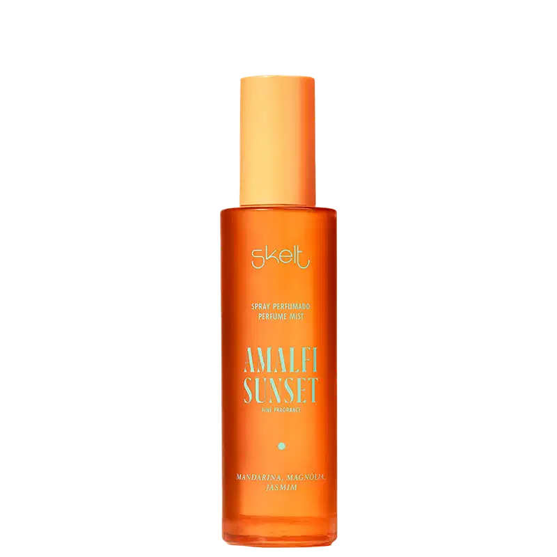 Spray perfumado Amalfi Sunset da marca Skelt. Embalagem cilíndrica de plástico transparente na cor laranja. Rótulo na parte frontal com o nome do produto "Amalfi Sunset" em letras maiúsculas.