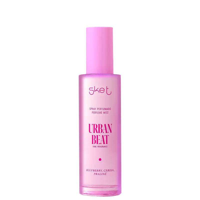 Spray perfume mist, com frasco em formato cilíndrico e cor rosa. No rótulo, está escrito "Urban Beat".