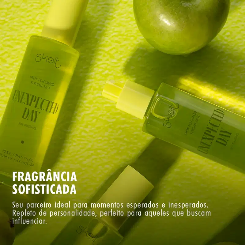 Spray Perfume Mist com uma luz esverdeada. O texto destaca: "Seu parceiro ideal para momentos esperados e inesperados. Repleto de personalidade, perfeito para aqueles que buscam influenciar."