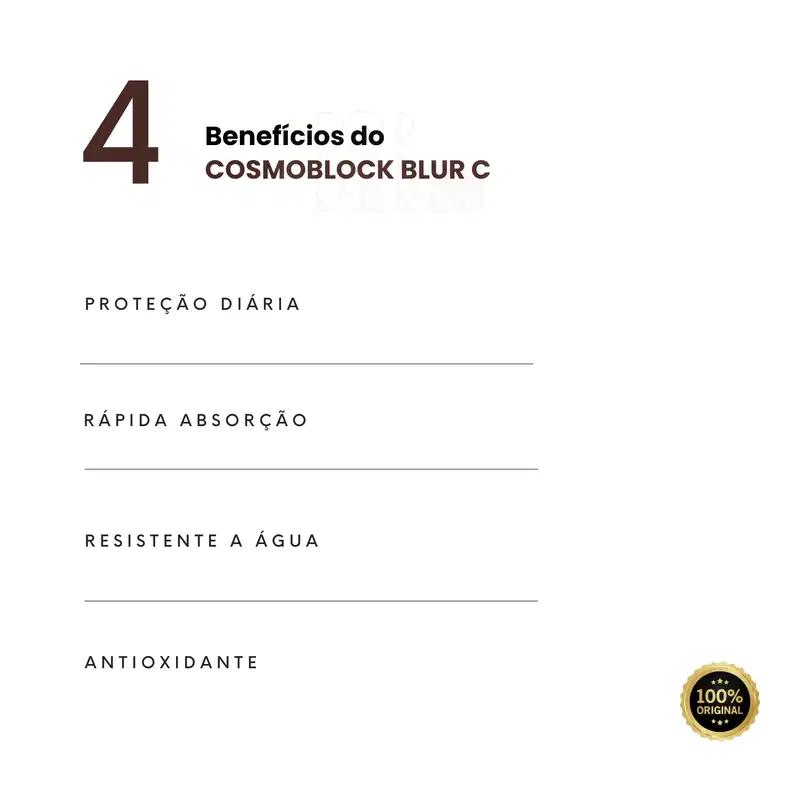 O produto apresentado é o Cosmoblock Blur C, um produto de beleza com 4 benefícios destacados: proteção diária, rápida absorção, resistência à água e propriedades antioxidantes.