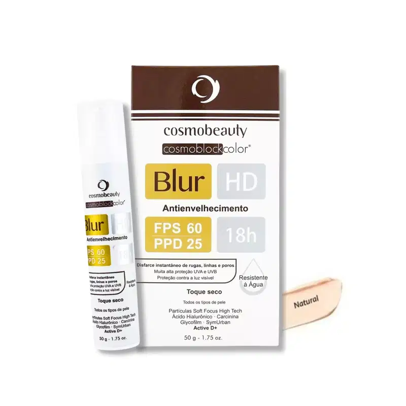 Bloqueador solar da marca Cosmobeauty, chamado Cosmoblockcolor Blur HD. O produto vem em um tubo branco com o nome "Blur" e informações sobre o FPS 60 e PPD 25.