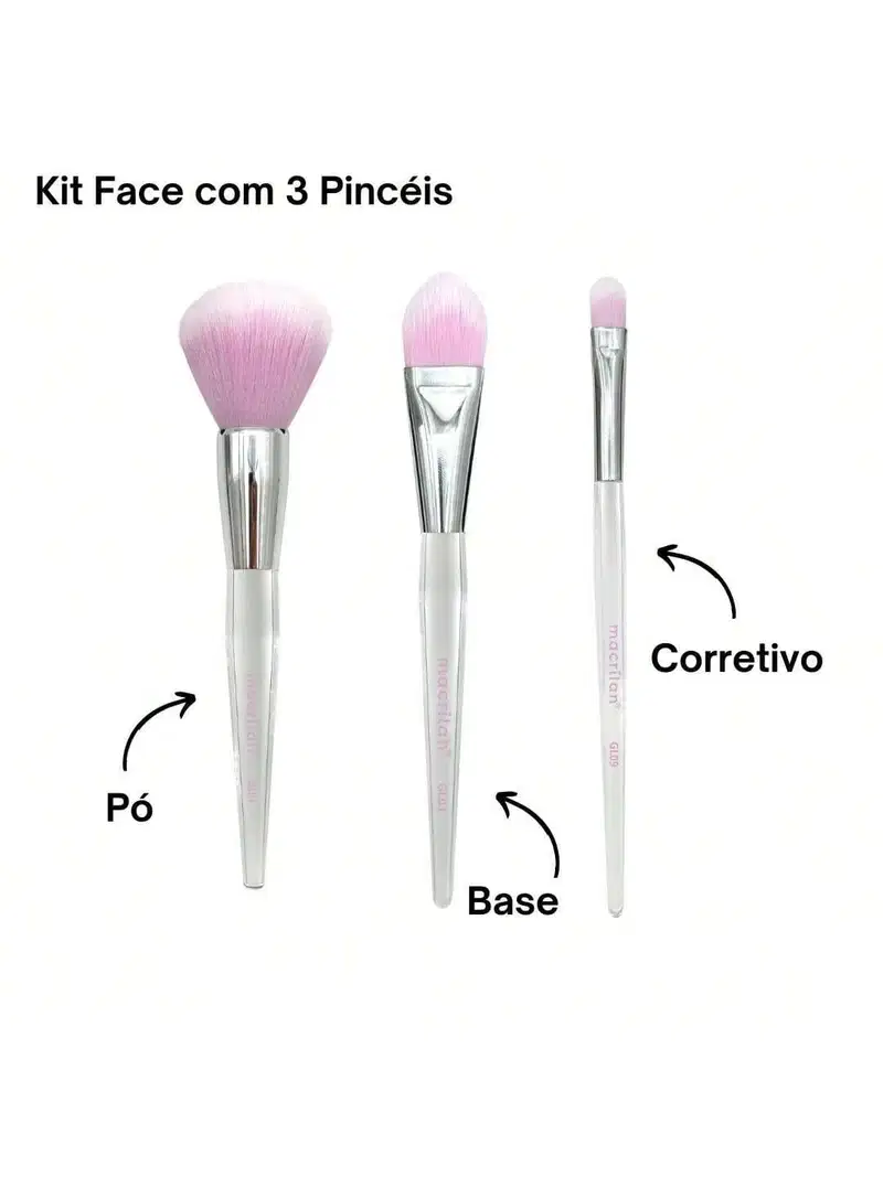 Kit Face Let's Glam Com 3 Pincéis Profissionais - Macrilan