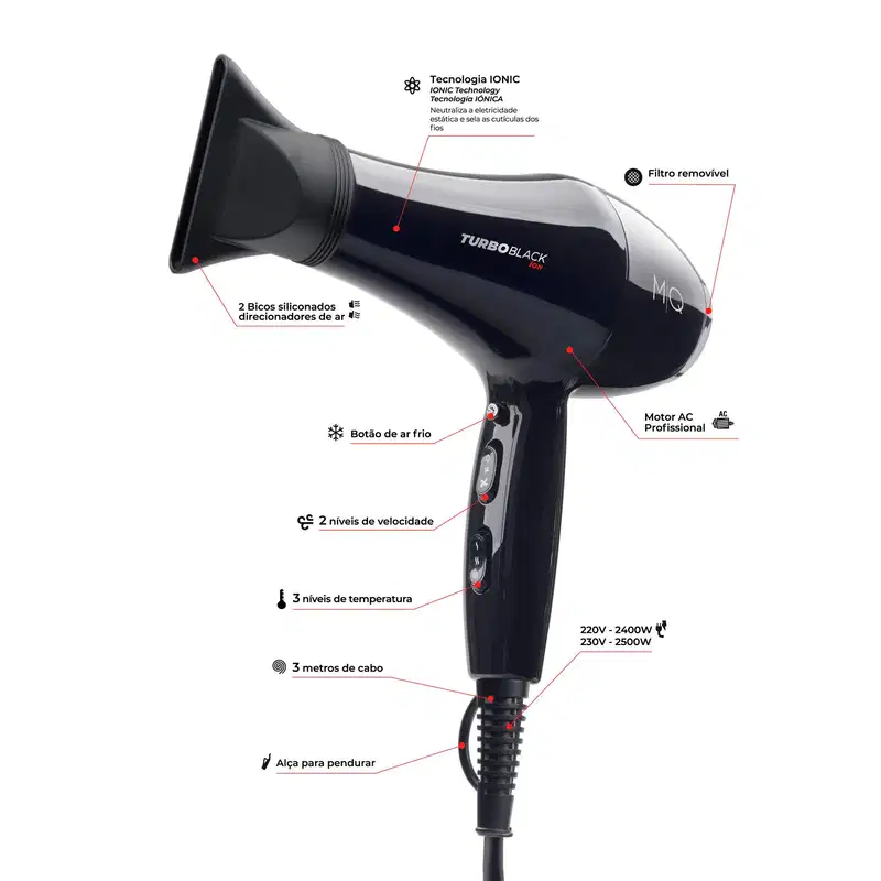 MQ Turbo Black Ion 2500w - Secador de Cabelo 220V