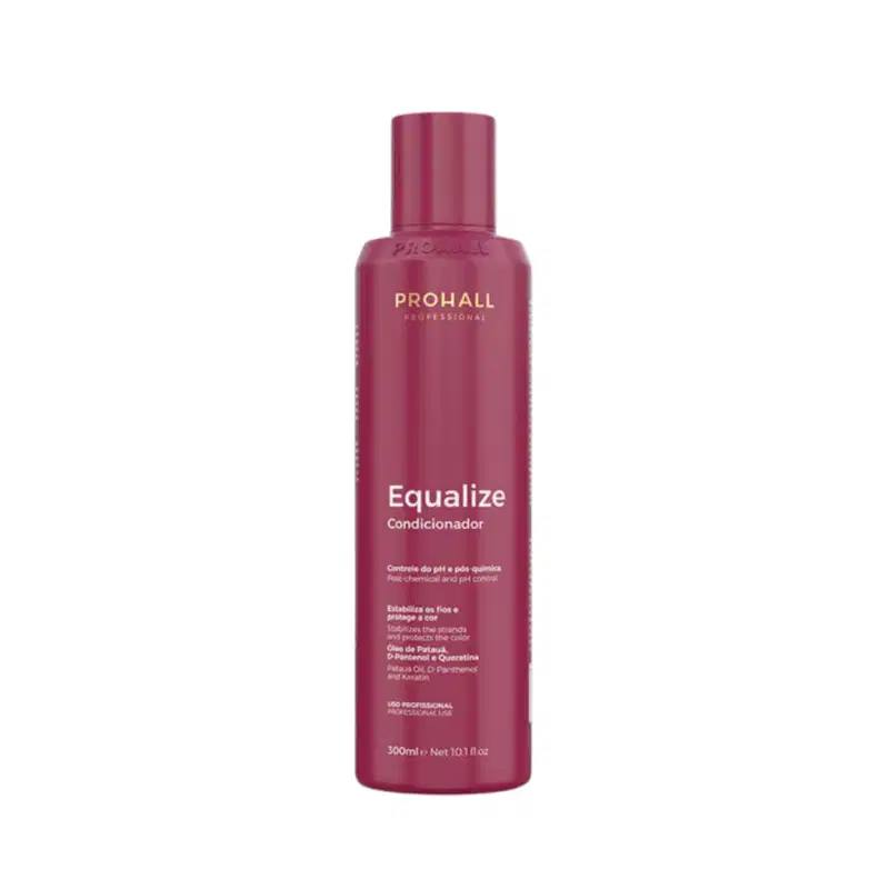 Condicionador da linha Equalize da marca Prohall Professional. O texto no rótulo indica que o produto é um condicionador que controla o pH e a química do cabelo, além de estabilizar os fios e proteger a cor.
