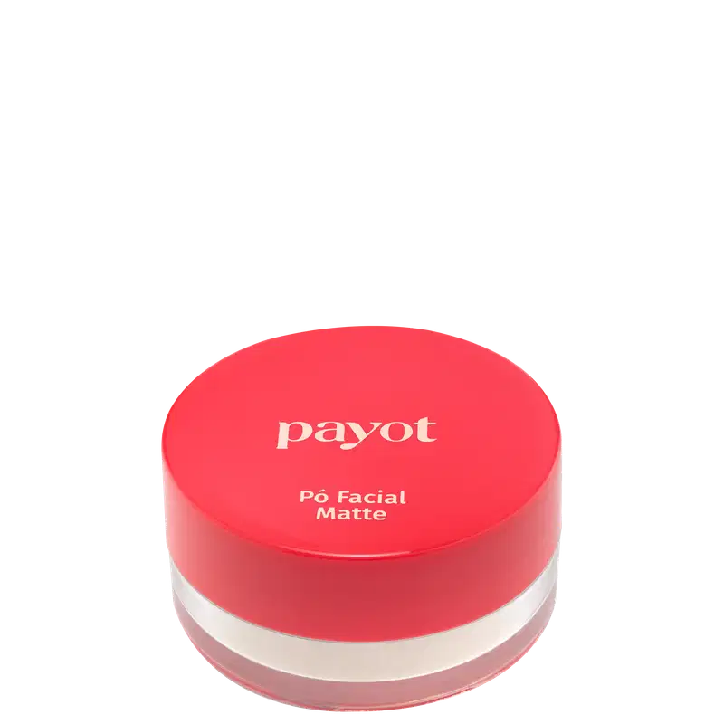 A imagem apresenta embalagem redonda compacta com tampa vermelha. A tampa superior exibe o logotipo "payot" em letras brancas. O rótulo na parte frontal indica "Pó Facial Matte" em texto branco sobre fundo vermelho.