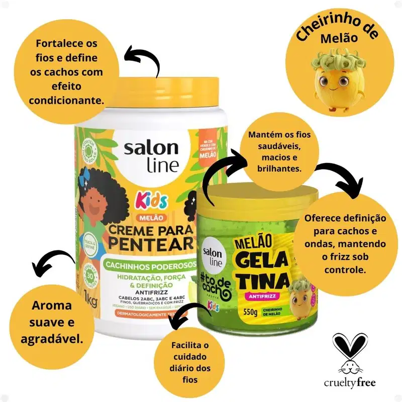 Kit Salon Line Kids 1 Creme para Pentear e 1 Gelatina Antifrizz Melão