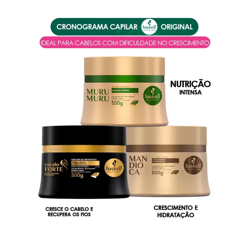 Kit de Máscaras Vegana para Cronograma Capilar Haskell Cavalo Forte Mandioca Murumuru 300g