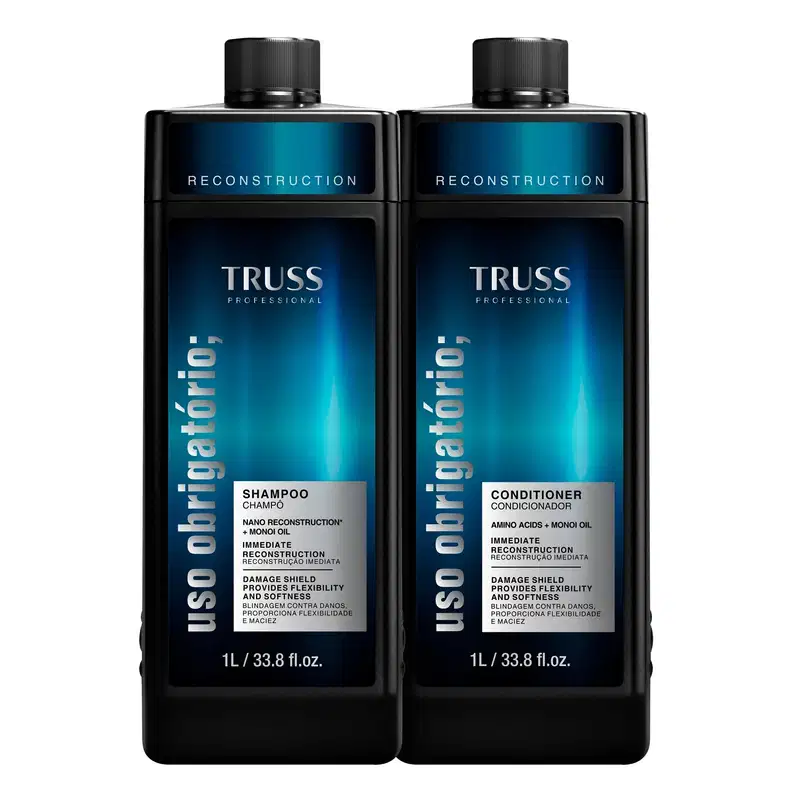 A imagem mostra dois frascos grandes de 1L de shampoo e condicionador TRUSS, frasco preto com azul.