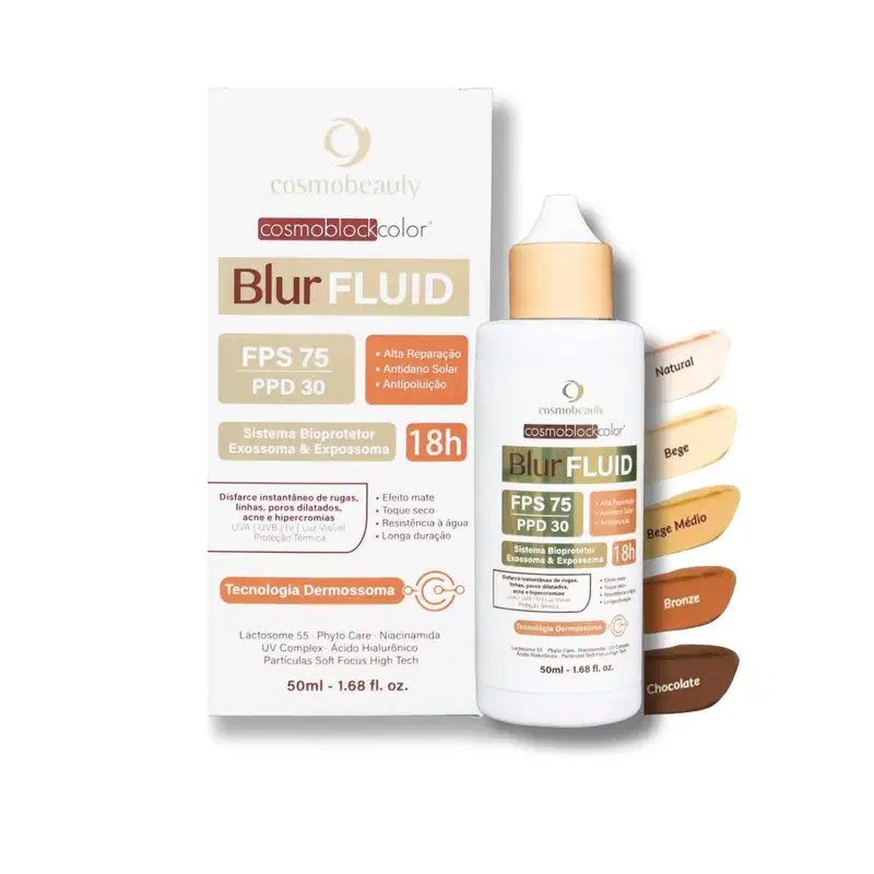 O produto apresentado é um filtro solar da marca Cosmobeauty, chamado Blur Fluid FPS 75. Trata-se de um produto com tecnologia Dermossoma, que protege com FPS 75 e ação antipoluição. O rótulo destaca que o produto é ativo premium e protege por 18 horas.