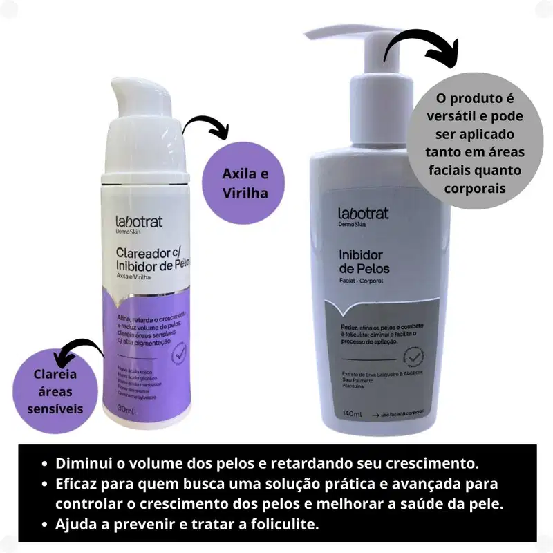Kit Labotrat Dermo Skin: Inibidor de Pelos Facial e Corporal + Clareador para Virilha e Axilas