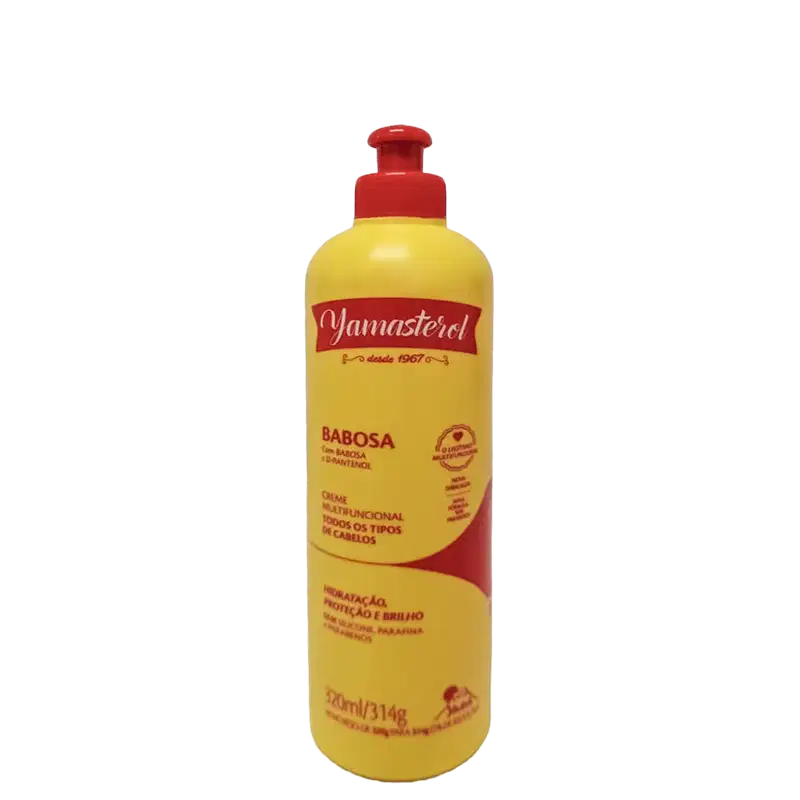 Frasco cilíndrico amarelo com tampa e detalhes em vermelho.