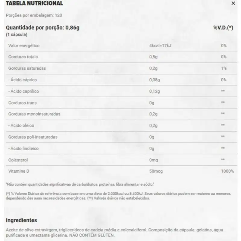 A imagem mostra a tabela nutricional do produto.