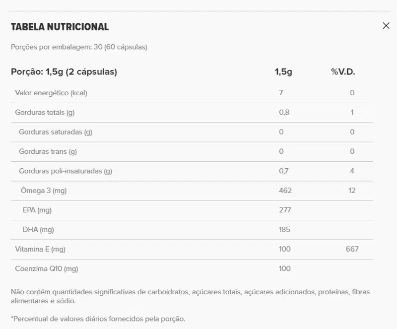 A imagem mostra a tabela nutricional do produto.