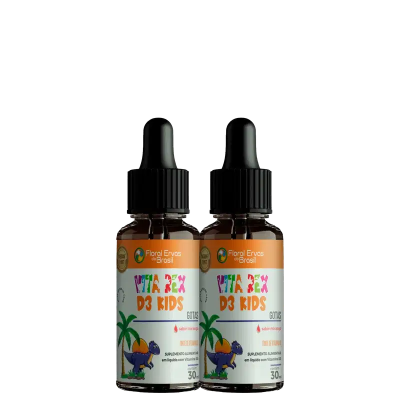 Dois frascos contendo um suplemento alimentar líquido para crianças chamado "Vita Rex D3 Kids" da marca Floral Ervas do Brasil. Os frascos têm contas-gotas pretas e rótulos coloridos com ilustrações de uma palmeira, um dinossauro roxo e frutas.