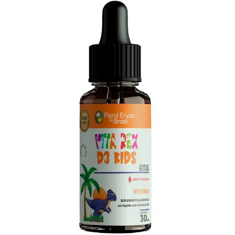 Rótulo laranja e branco com logotipo da marca Floral Ervas do Brasil. Imagem de um dinossauro azul e uma palmeira estilizada. Texto "Vita Rex D3 Kids Gotas" e "sabor morango". Informações sobre ser um suplemento alimentar líquido com vitamina D3 de 30ml.