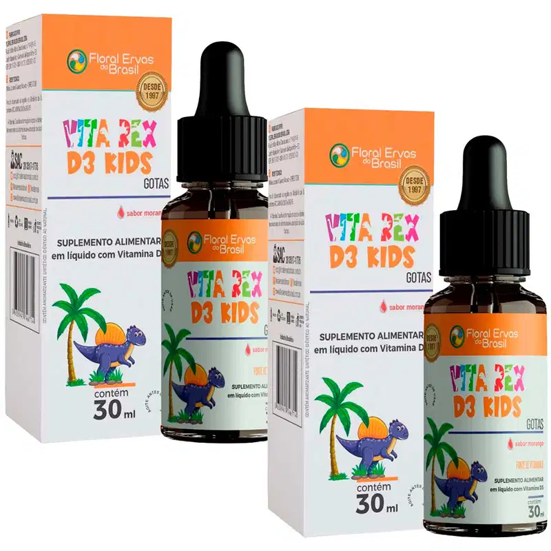 Suplemento alimentar líquido com vitamina D3 para crianças da marca Floral Ervas do Brasil. Embalagens retangulares laranja com o logotipo da empresa. Frascos de vidro âmbar de 30ml com conta-gotas preto.