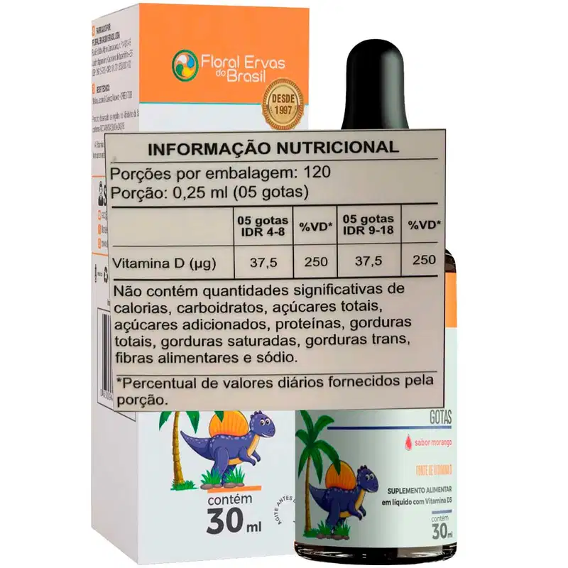 A caixa exibe o logotipo "Floral Ervas do Brasil" e informações nutricionais detalhadas, incluindo porções por embalagem, quantidade de vitamina D por porção e percentual de valores diários.