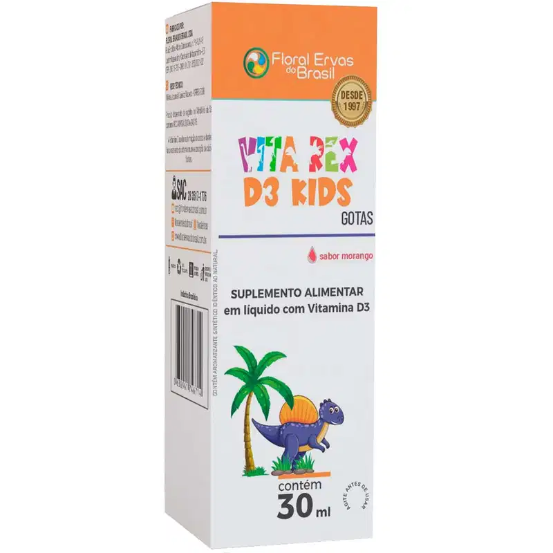 A embalagem é uma caixa retangular de cor laranja e branca. O nome do produto "Vita Rex D3 Kids Gotas" está escrito em letras coloridas e estilizadas. Apresenta uma ilustração de um dinossauro azul sorridente ao lado de uma palmeira e grama.