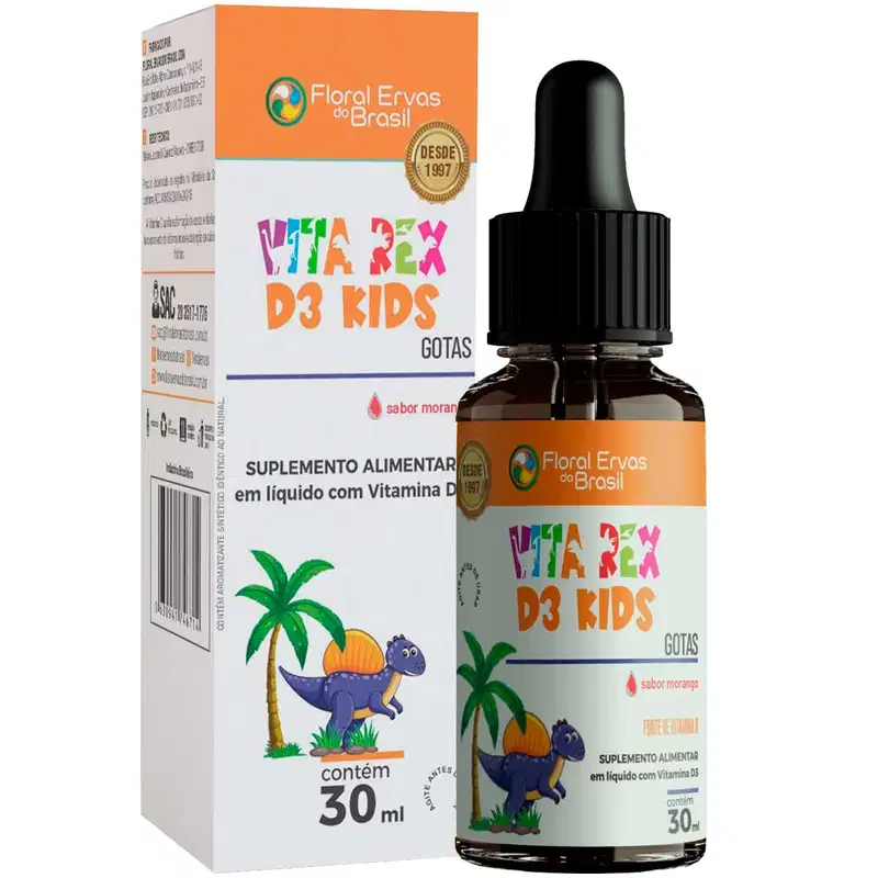 Embalagem composta por uma caixa retangular laranja e branca e um frasco com conta-gotas preto. A caixa e o frasco apresentam o nome do produto em letras coloridas e a ilustração de um dinossauro roxo em um cenário tropical com palmeiras e laranja.