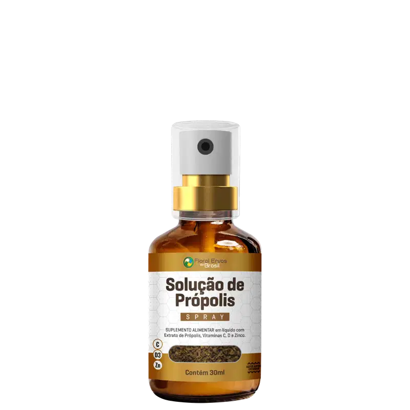 Solução de Própolis Spray da marca Floral Ervas do Brasil.  Rótulo branco com texto "Solução de Própolis Spray" e informações do produto como "Suplemento Alimentar em líquido com Extrato de Própolis, Vitaminas C, D e Zinco". Contém 30ml.