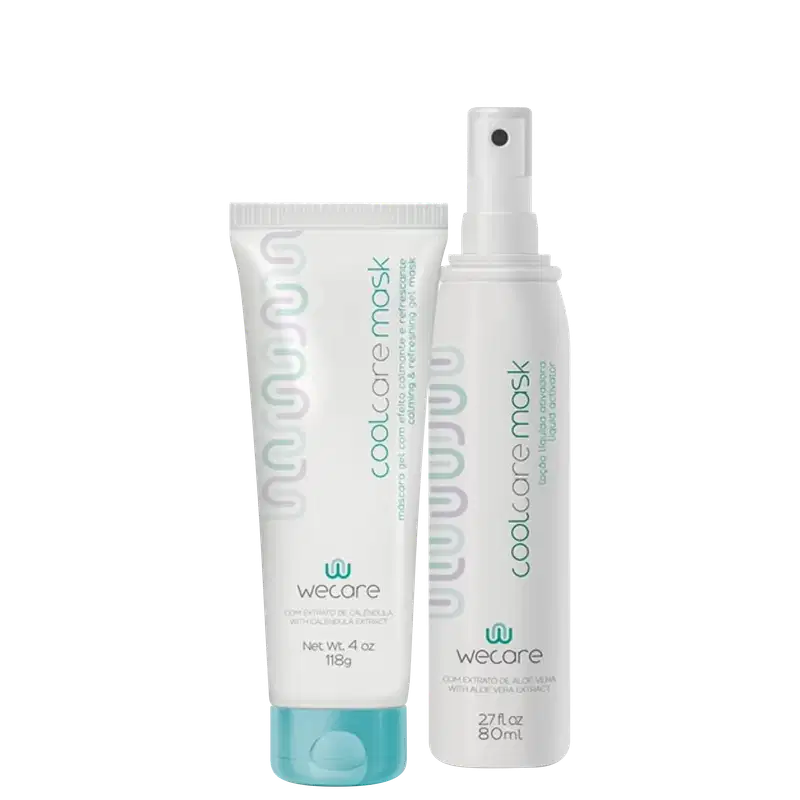 O produto apresentado é um conjunto de cuidados para cabelos da marca Wecare. Consiste em um tubo com o gel e um frasco spray. As embalagens são predominantemente brancas com detalhes em verde claro.