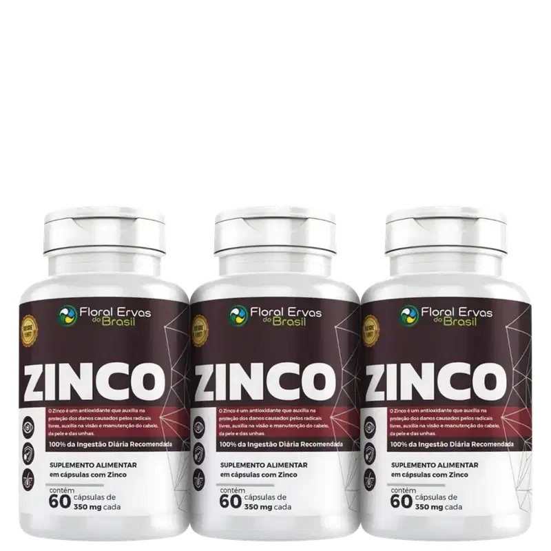 Três frascos de suplemento alimentar em cápsulas de zinco da marca Floral Ervas do Brasil. Rótulos marrons com o nome "ZINCO" e informações sobre o produto, como "100% da Ingestão Diária Recomendada", "60 cápsulas de 350mg cada"