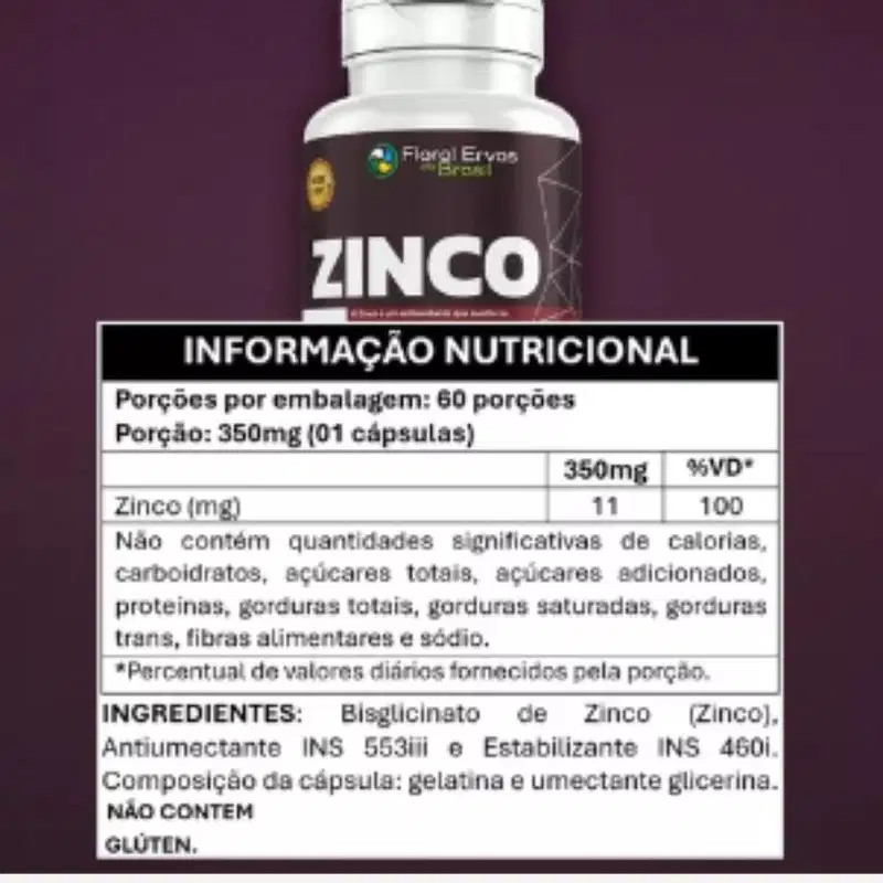O rótulo nutricional detalha que cada porção de 1 cápsula contém 350mg de zinco, correspondendo a 100% do valor diário recomendado.