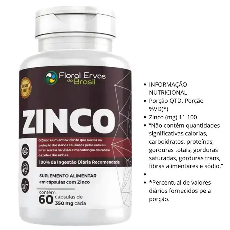 Este é um suplemento alimentar de zinco em cápsulas. O rótulo destaca o nome "ZINCO" em letras grandes e pretas, juntamente com informações sobre os benefícios do zinco como antioxidante. O frasco contém 60 cápsulas de 350mg cada.